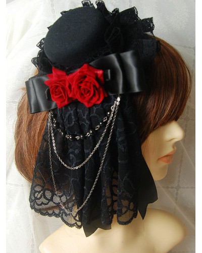 Gothic Lolita Headdress Lace Ruffle Floral Bow Metallic Chain Two Tone Lolita Hair Accessory Accessories Tea Party