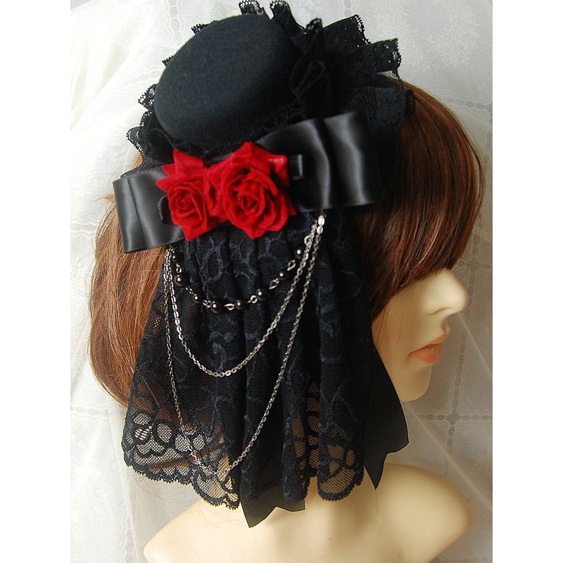 Gothic Lolita Headdress Lace Ruffle Floral Bow Metallic Chain Two Tone Lolita Hair Accessory Accessories Tea Party