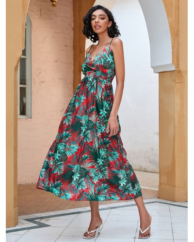 Summer Dress Dark Green Straps Neck Printed Dress Tropical Beach Resort Wear