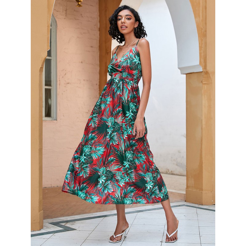 Summer Dress Dark Green Straps Neck Printed Dress Tropical Beach Resort Wear