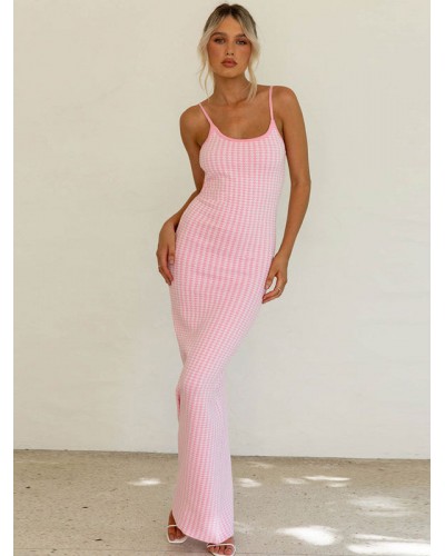 Women Barbie Pink Gingham Dresses Plaid Sleeveless Backless Long Sheath Dress Bodycon Spring Summer Fall