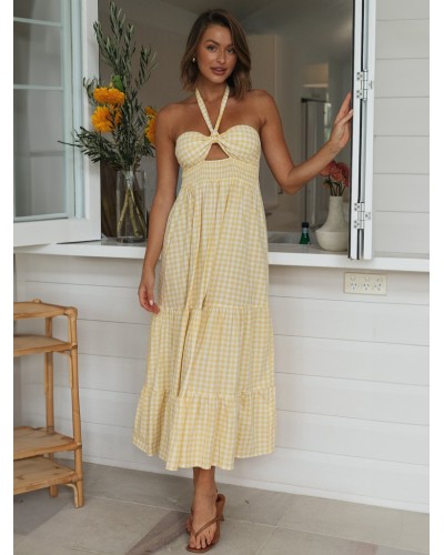 Women Dress Halter Floral Print Lace Up Backless Yellow Long Beach Dress Sexy Casual Summer