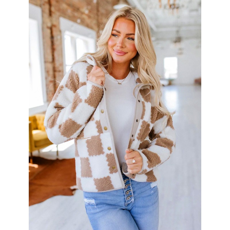 Women Turndown Collar Long Sleeve Plaid Outwear Fleece Jacket Fall Winter Street Wear Daily Casual Field