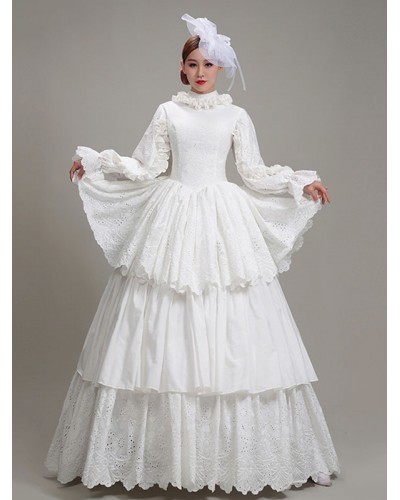 Women White Retro Costumes Ruffles Polyester Dress Marie Antoinette Costume 's Party Prom Dress Tunic Vintage Euro-Style