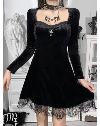 Women Punk Midi Dress Black Sweetheart Neck Lace Long Sleeves Polyester Dress Gothic Cosplay