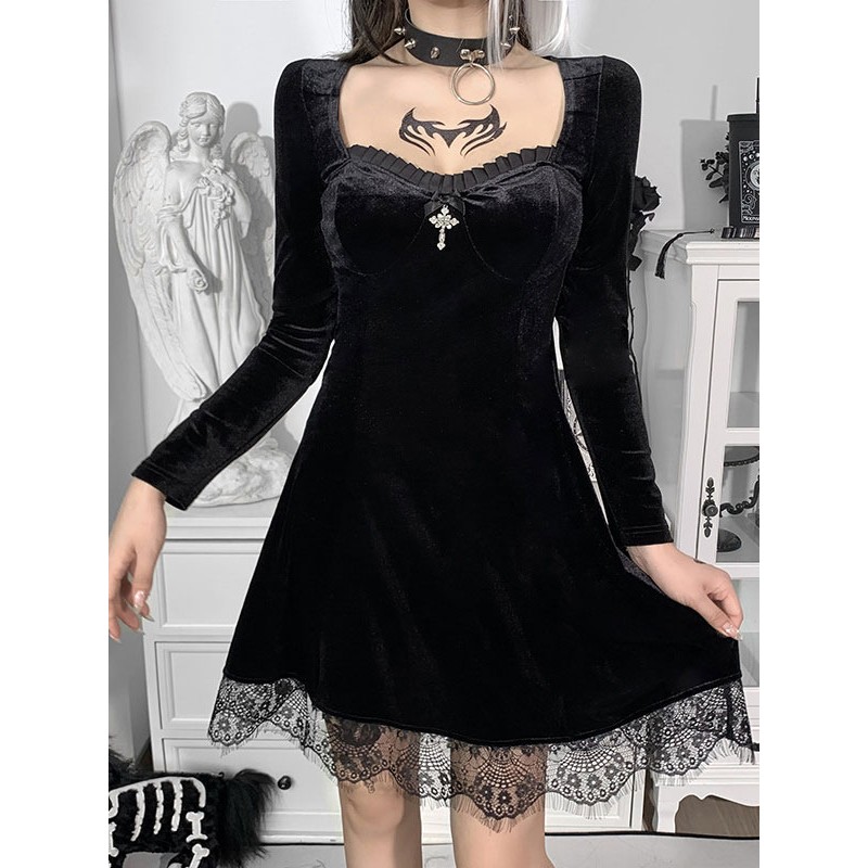 Women Punk Midi Dress Black Sweetheart Neck Lace Long Sleeves Polyester Dress Gothic Cosplay