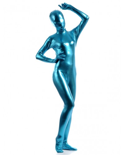 Unisex Light Sky Blue Zentai Suit Adults Full Body Shiny Metallic Bodysuit Solid