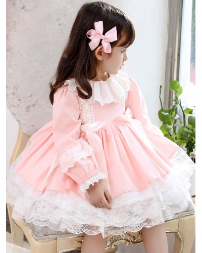 Polyester Daily Casual Lace Long Sleeves Polyester Spring Dress ROCOCO Style Pink Kids' Lolita Dresses