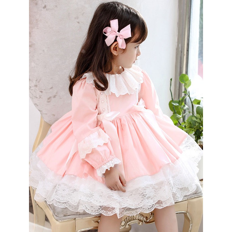 Polyester Daily Casual Lace Long Sleeves Polyester Spring Dress ROCOCO Style Pink Kids' Lolita Dresses