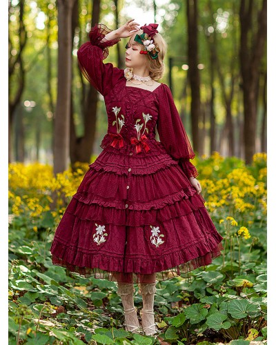 Classical Lolita Dress Cotton Embroidered Sleeveless Lolita Dresses Burgundy