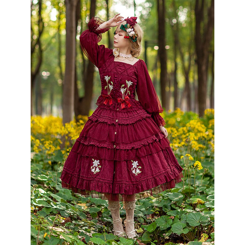 Classical Lolita Dress Cotton Embroidered Sleeveless Lolita Dresses Burgundy