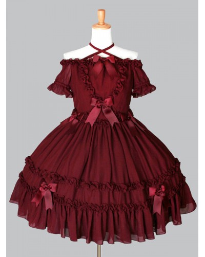 Gothic Lolita OP One Piece Dress Off The Shoulder Halter Ruffles Bows Pleated Burgundy Lolita Dress