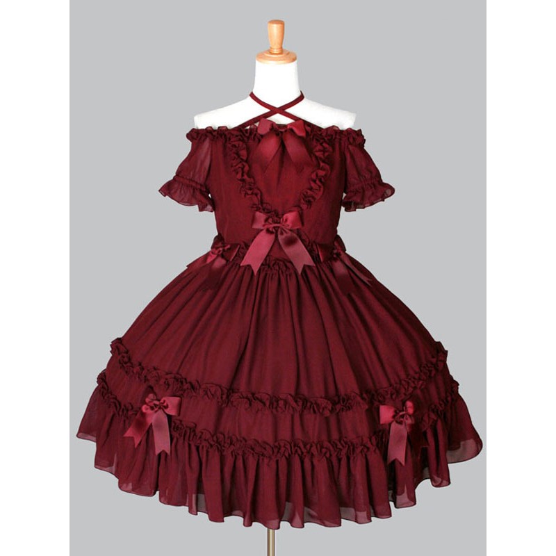 Gothic Lolita OP One Piece Dress Off The Shoulder Halter Ruffles Bows Pleated Burgundy Lolita Dress