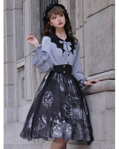 Lolita Outfits Blue Ruffles Long Sleeves Skirt Blouse Blouses Gothic Daily Casual Tea Party