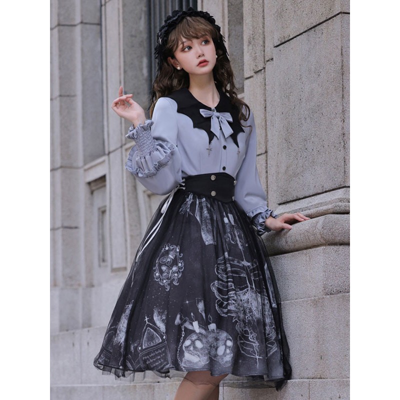 Lolita Outfits Blue Ruffles Long Sleeves Skirt Blouse Blouses Gothic Daily Casual Tea Party