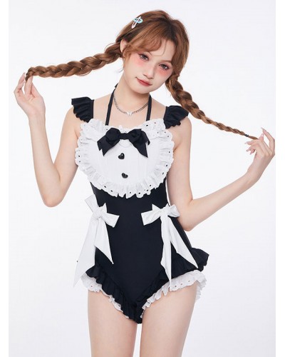 Lolita Swimsuits Black Ruffles Bows Sleeveless One Piece Sets Sweet Daily Casual