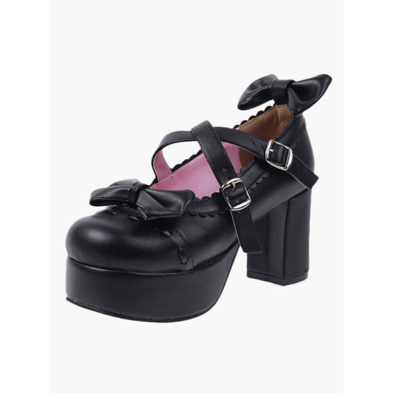 Black Lolita HeelsPU Platform Criss Cross Chunky Heel Lolita Shoes