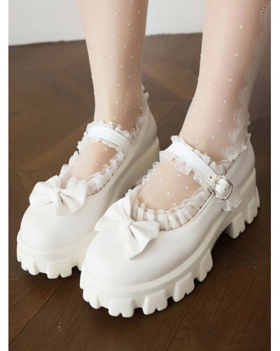 ROCOCO Style Lolita Footwear White Bows Lace PU Leather Chunky Heel Lolita Pumps Shoes