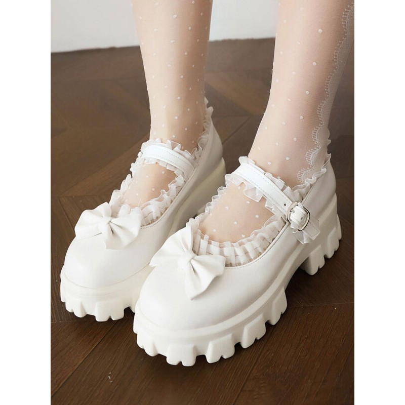 ROCOCO Style Lolita Footwear White Bows Lace PU Leather Chunky Heel Lolita Pumps Shoes