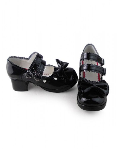 Glossy Black Lolita Shoes Square Heels With Sweet Bows