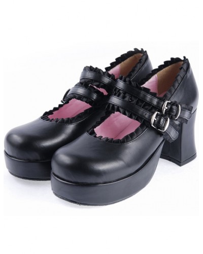 Matte Black Lolita Chunky Heels Shoes Platform Ribbon Trim Straps Buckles