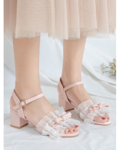 Sweet Lolita Sandals Round Toe Chunky Heel PU Leather Bows Pink Lolita Summer Ankle Strap Heels