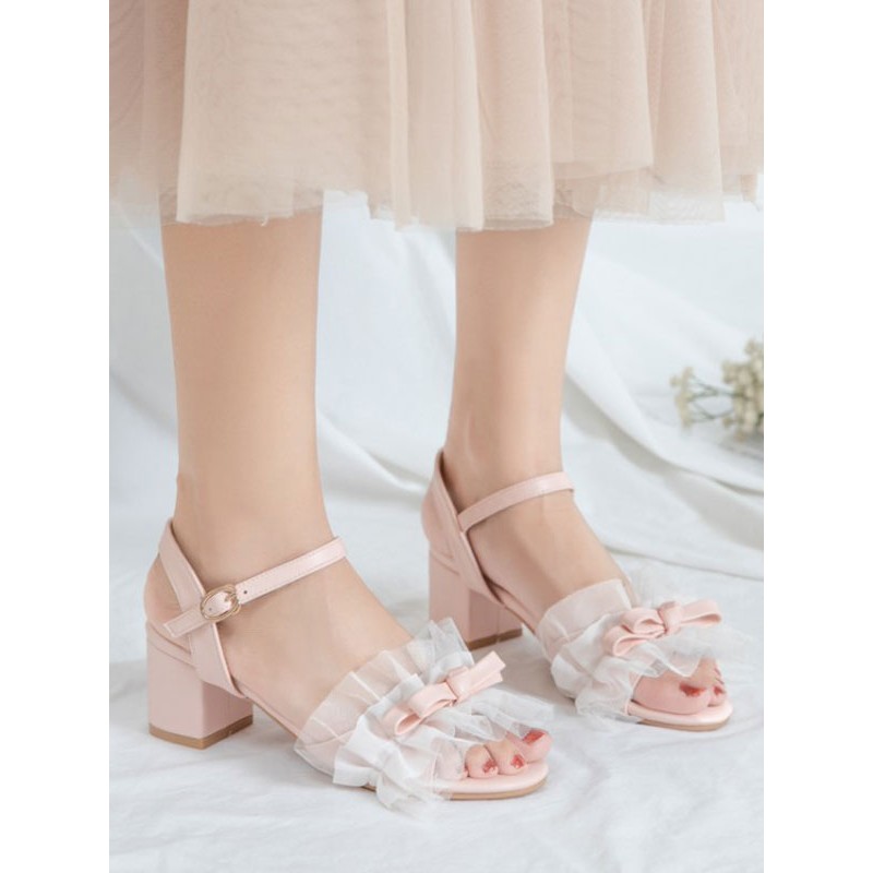 Sweet Lolita Sandals Round Toe Chunky Heel PU Leather Bows Pink Lolita Summer Ankle Strap Heels