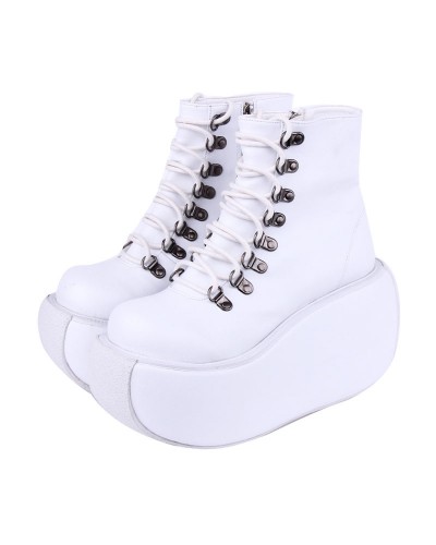 Gothic Lolita Boots PU Leather Grommets Round Toe White Lolita Footwear Daily Casual