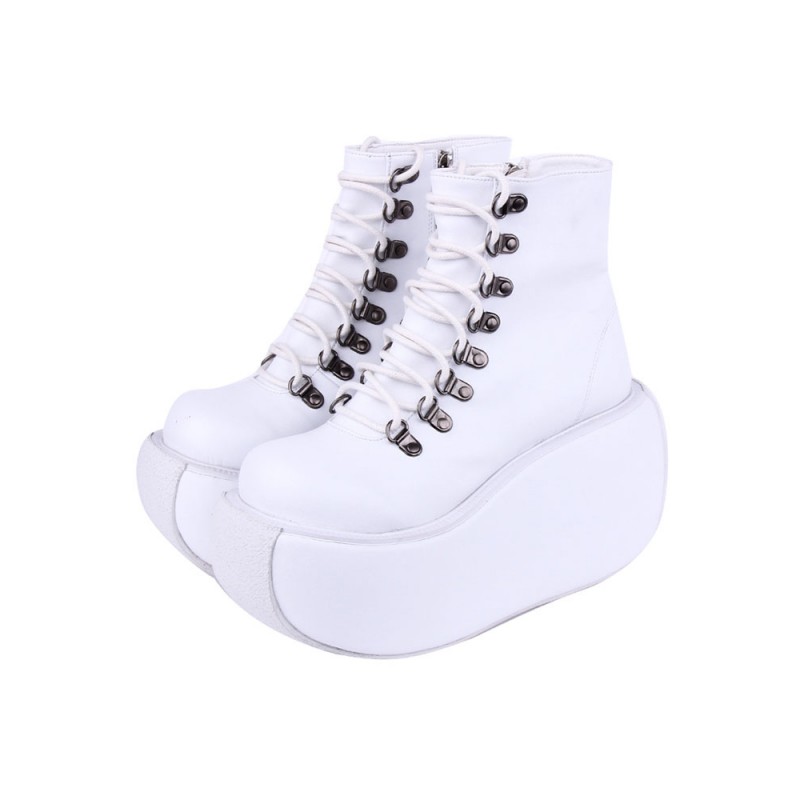 Gothic Lolita Boots PU Leather Grommets Round Toe White Lolita Footwear Daily Casual