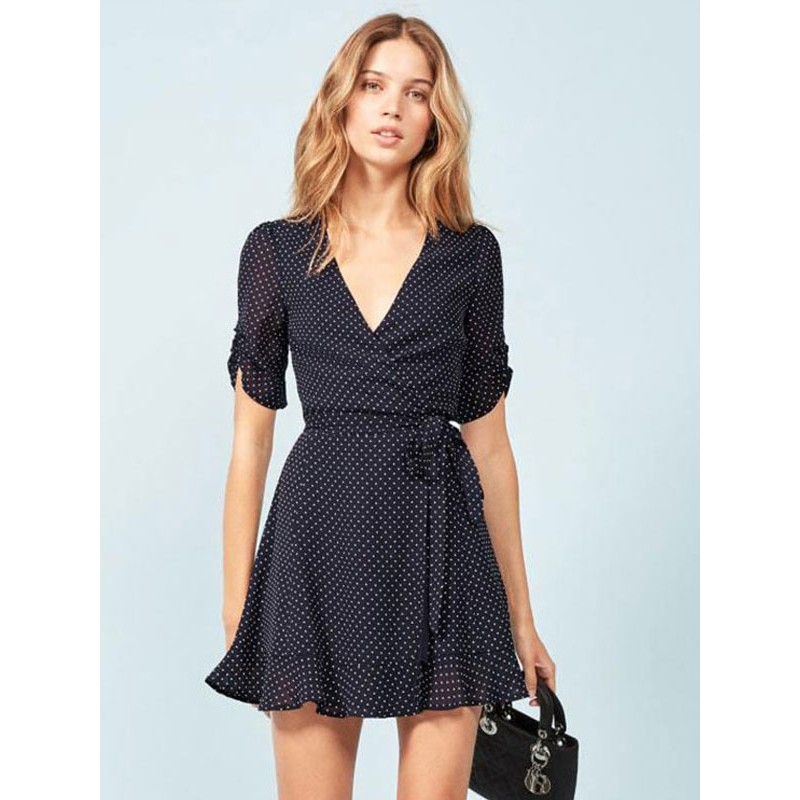 Mini Dresses Dark Navy Polka Dot Short Sleeves Short Dress Bodycon Daily Casual