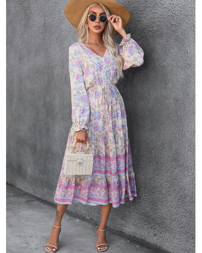 Floral Dresses Lace Up V-Neck Long Sleeves Casual Midi Dress Bodycon Spring Summer Fall