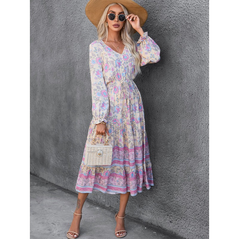 Floral Dresses Lace Up V-Neck Long Sleeves Casual Midi Dress Bodycon Spring Summer Fall