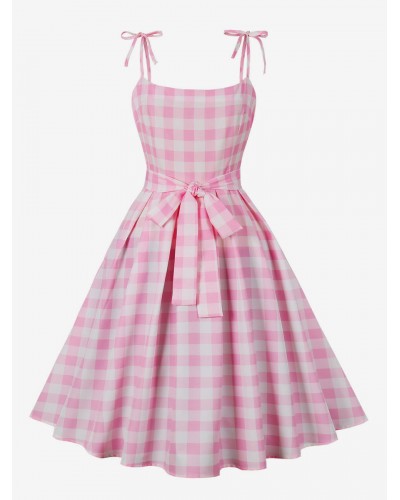 Women Barbie Pink Gingham Dress 1950s Audrey Hepburn Sleeveless Plaid Vintage Dress Bodycon Street Wear Daily Casual Resort Wear