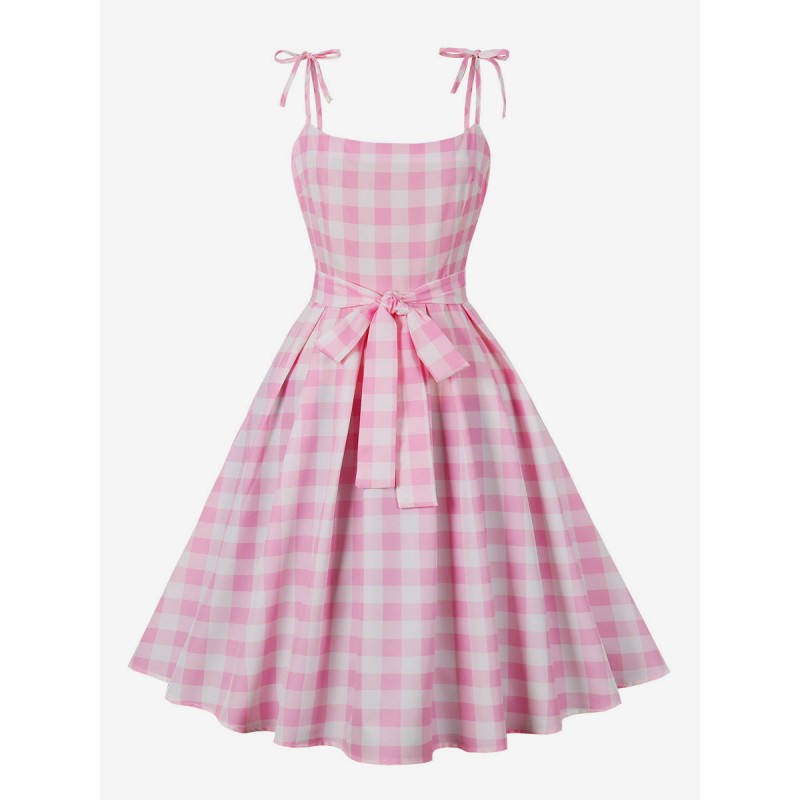 Women Barbie Pink Gingham Dress 1950s Audrey Hepburn Sleeveless Plaid Vintage Dress Bodycon Street Wear Daily Casual Resort Wear