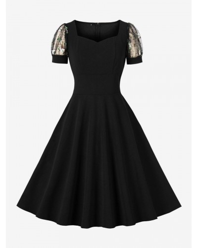 Women Retro Dress 1950s Audrey Hepburn Style V-Neck Lace Short Sleeves Knee Length Black Rockabilly Dress Bodycon Daily Casual Field Party