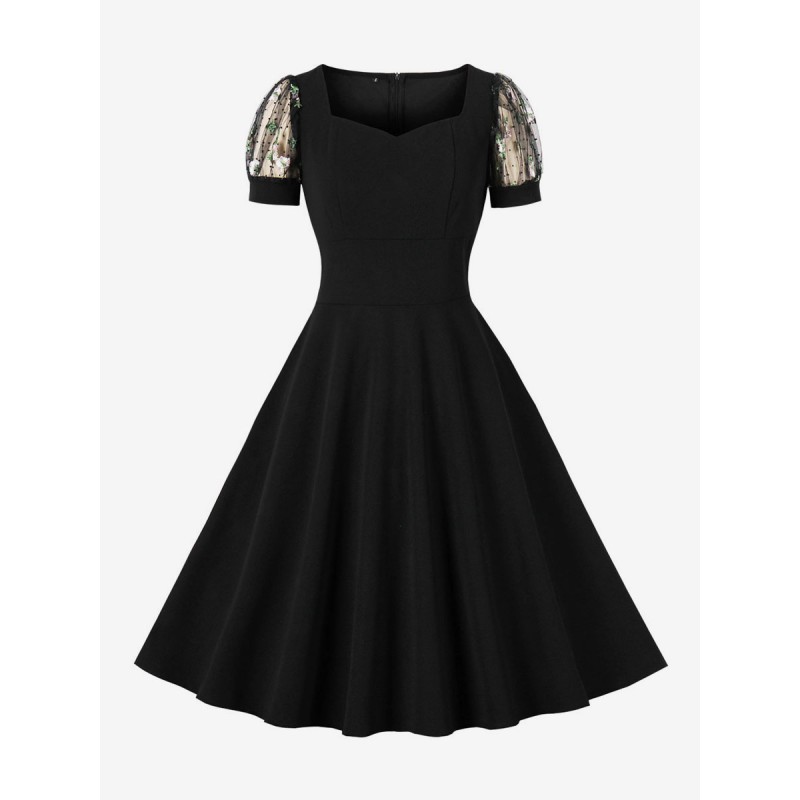 Women Retro Dress 1950s Audrey Hepburn Style V-Neck Lace Short Sleeves Knee Length Black Rockabilly Dress Bodycon Daily Casual Field Party