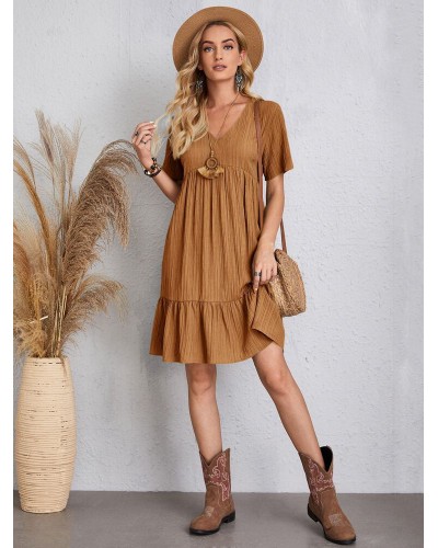 Women Boho Dress V-Neck Short Sleeves Pleated Dress Mini Casual Bohemian Summer