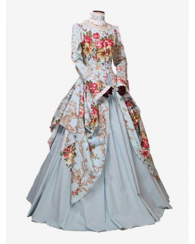 Women Victorian Dress Costme 's Sateen Light Sky Blue Floral Print Marie Antoinette Ball Gown Trumpet Long Sleeves With Choker Victorian Era Clothing Costumes Halloween Sets ROCOCO