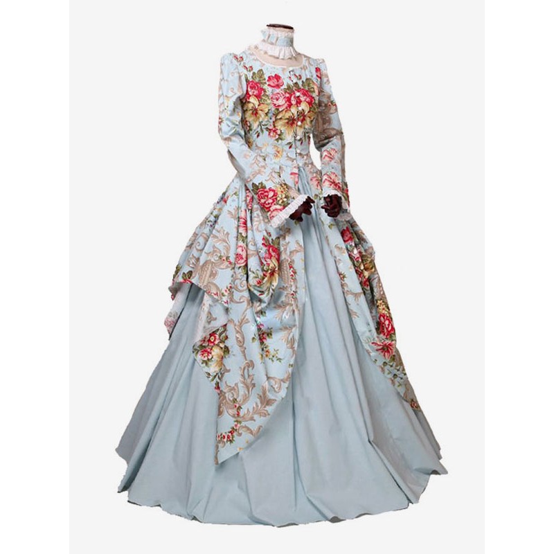 Women Victorian Dress Costme 's Sateen Light Sky Blue Floral Print Marie Antoinette Ball Gown Trumpet Long Sleeves With Choker Victorian Era Clothing Costumes Halloween Sets ROCOCO