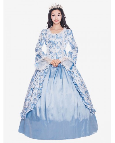 Women Victorian Dress Costume 's Baby Blue Ruffle Bows Long Sleeves Round Neckline Victorian Era Style Vintage Clothing Halloween Sets Victorian Era