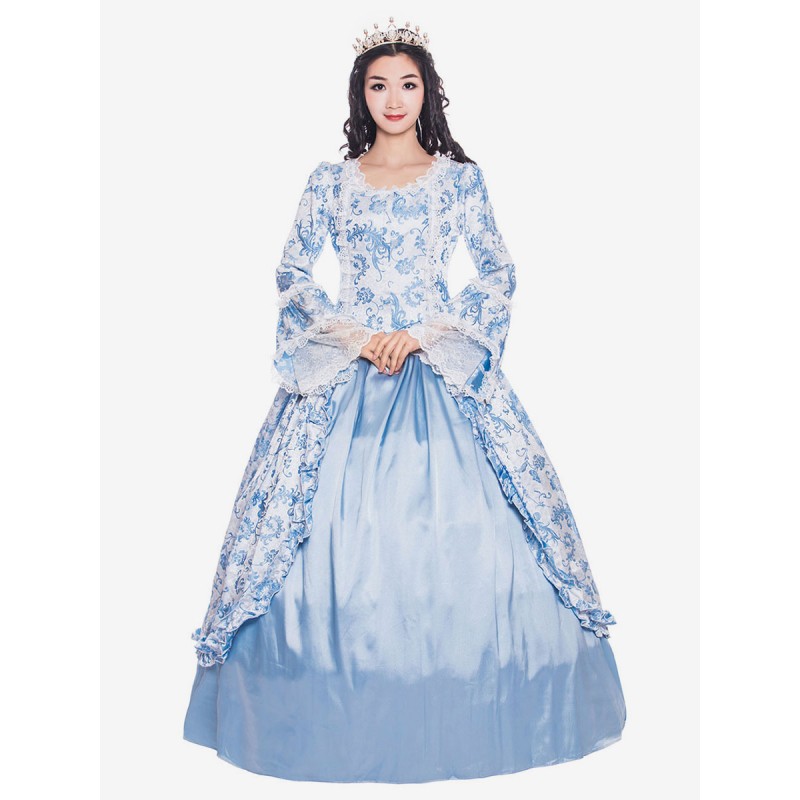 Women Victorian Dress Costume 's Baby Blue Ruffle Bows Long Sleeves Round Neckline Victorian Era Style Vintage Clothing Halloween Sets Victorian Era