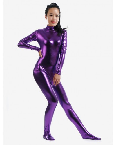 Women Deep Purple Adults Bodysuit Cosplay Jumpsuit Shiny Metallic Catsuit Solid