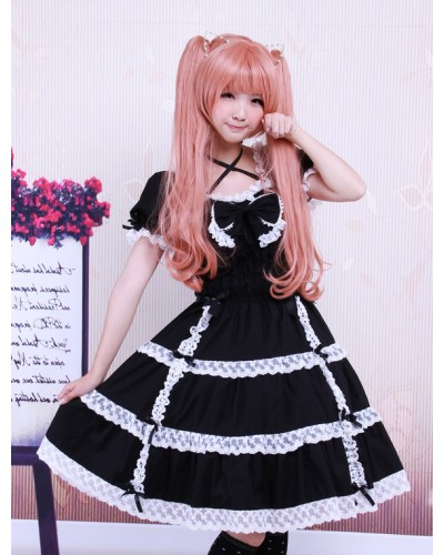 Cotton Black Lace Bow Short Sleeves Gothic Lolita Dress Summer Tea Party