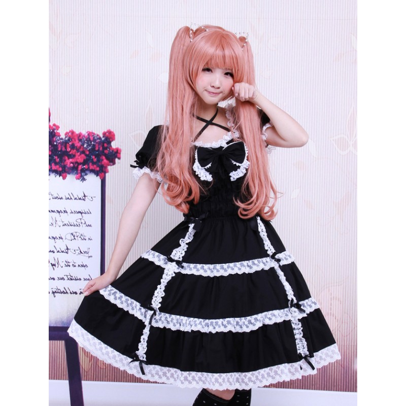 Cotton Black Lace Bow Short Sleeves Gothic Lolita Dress Summer Tea Party