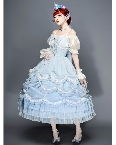 Sweet Lolita OP Dress Polyester Short Sleeves Light Blue Sweet Lolita One Piece Dress