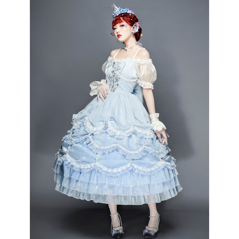 Sweet Lolita OP Dress Polyester Short Sleeves Light Blue Sweet Lolita One Piece Dress