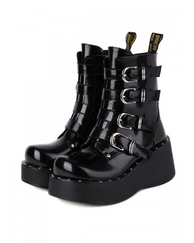 Lolita Boots Round Toe Zipper PU Leather Black Lolita Footwear