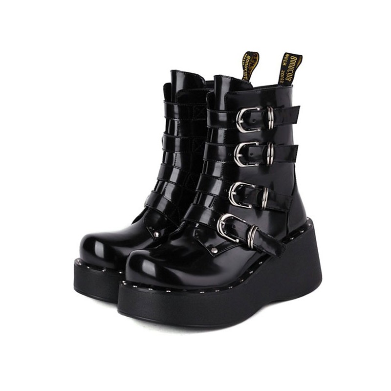 Lolita Boots Round Toe Zipper PU Leather Black Lolita Footwear