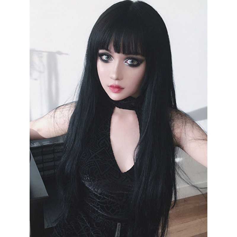 Gothic Lolita Wigs Black Long Tousled Lolita Hair Wigs With Bangs