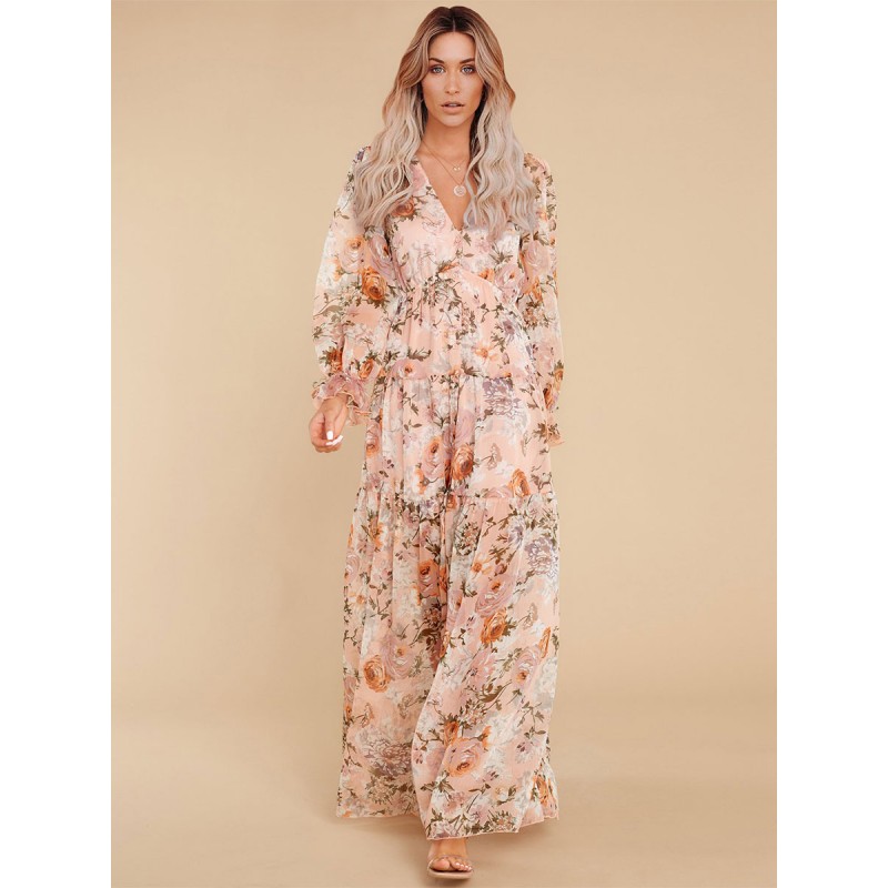 Women Maxi Dress V-Neck Long Sleeves Casual Floral Print Long Dress Bohemian Spring Fall